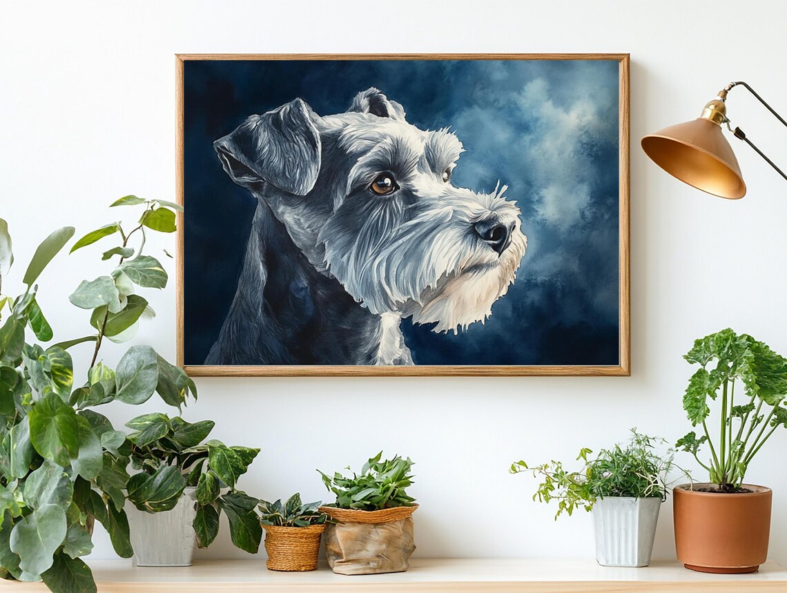 Schnauzer Head Portrait Blue Grey Watercolor Pet Dog Art Poster