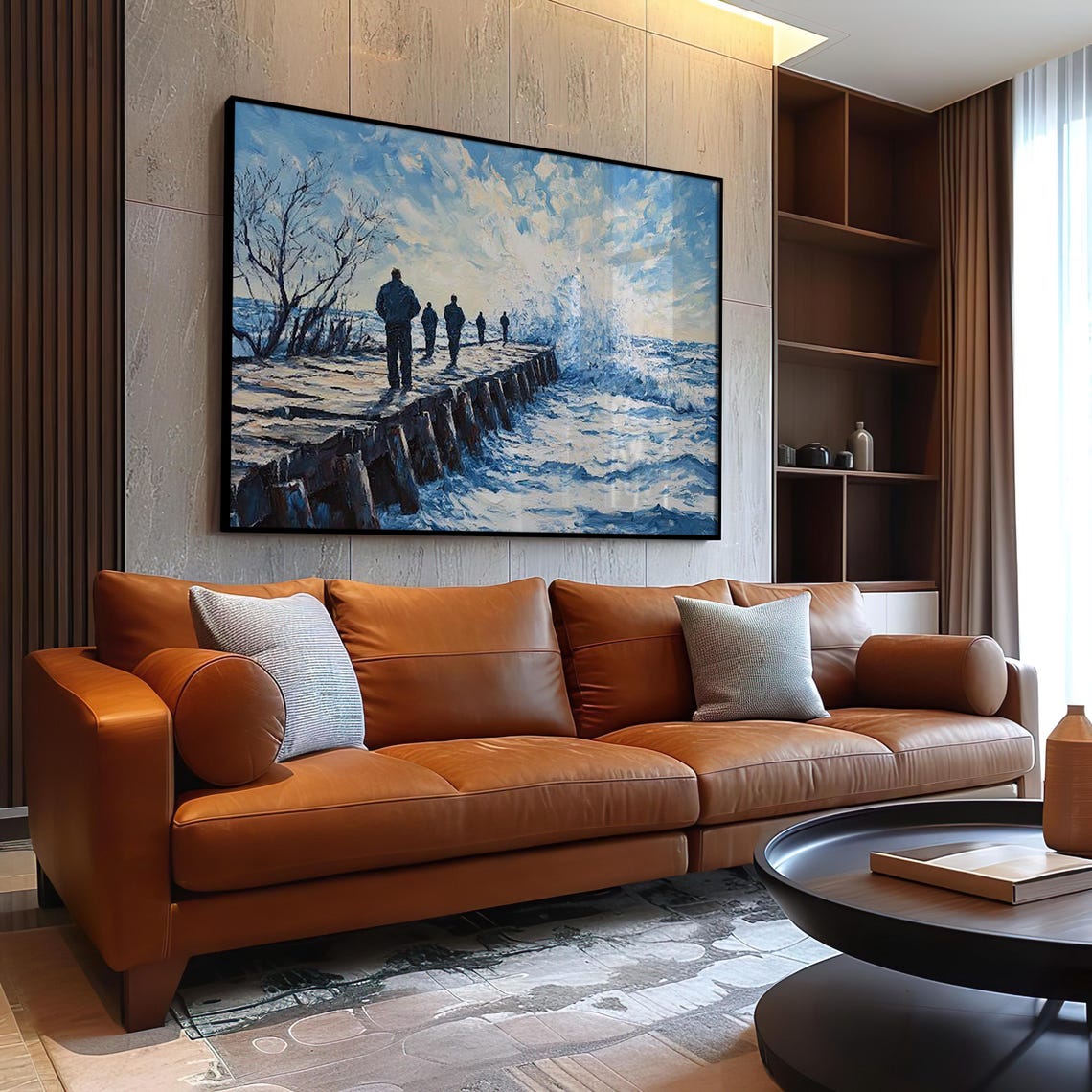 Walkers on an Icy Pier Watching Crashing Winter Waves Poster - Image 3