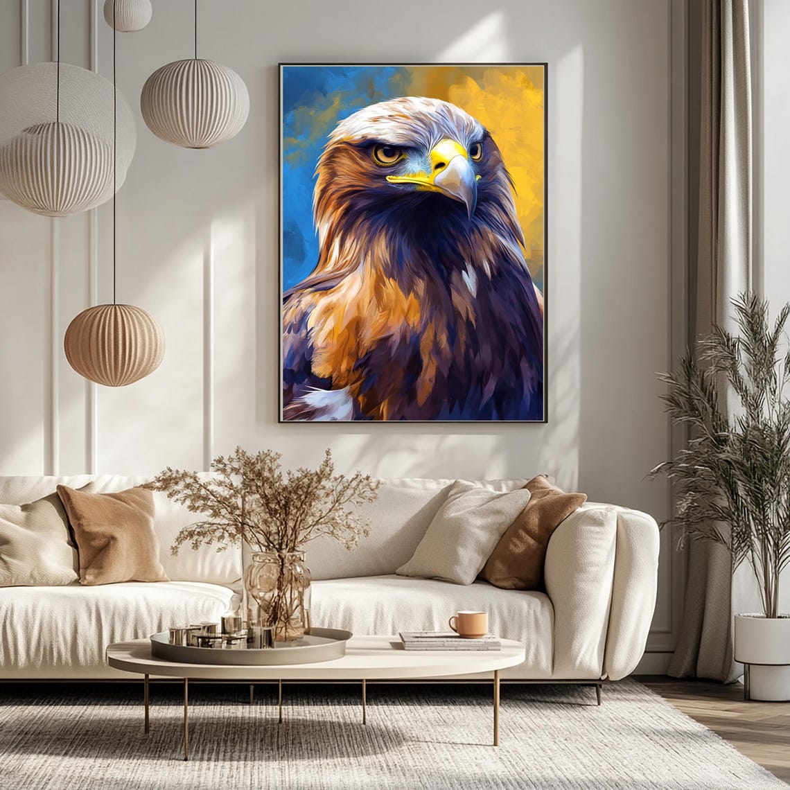 Regal Eagle Portrait Close Up Against Blue and Gold Painted Poster - Image 3