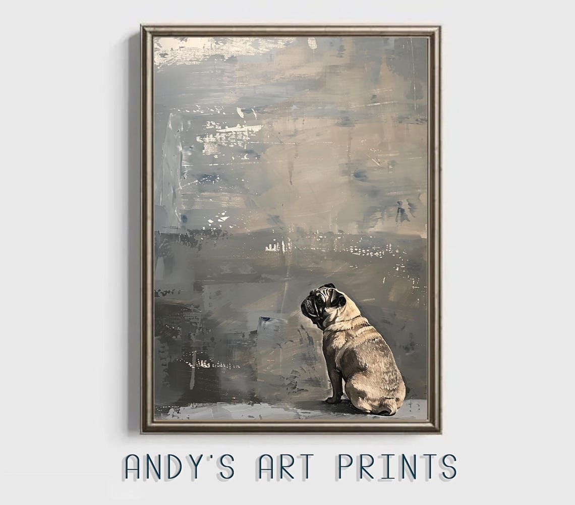 Lonely Little Pug Sitting Alone On A Vast Grey Abstract Canvas Poster - Image 3