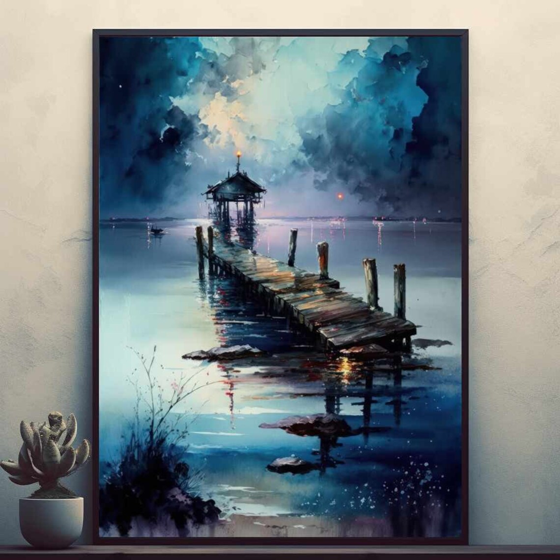 Moonlit Wooden Pier to Lantern-Lit Stilt Hut Seascape Poster