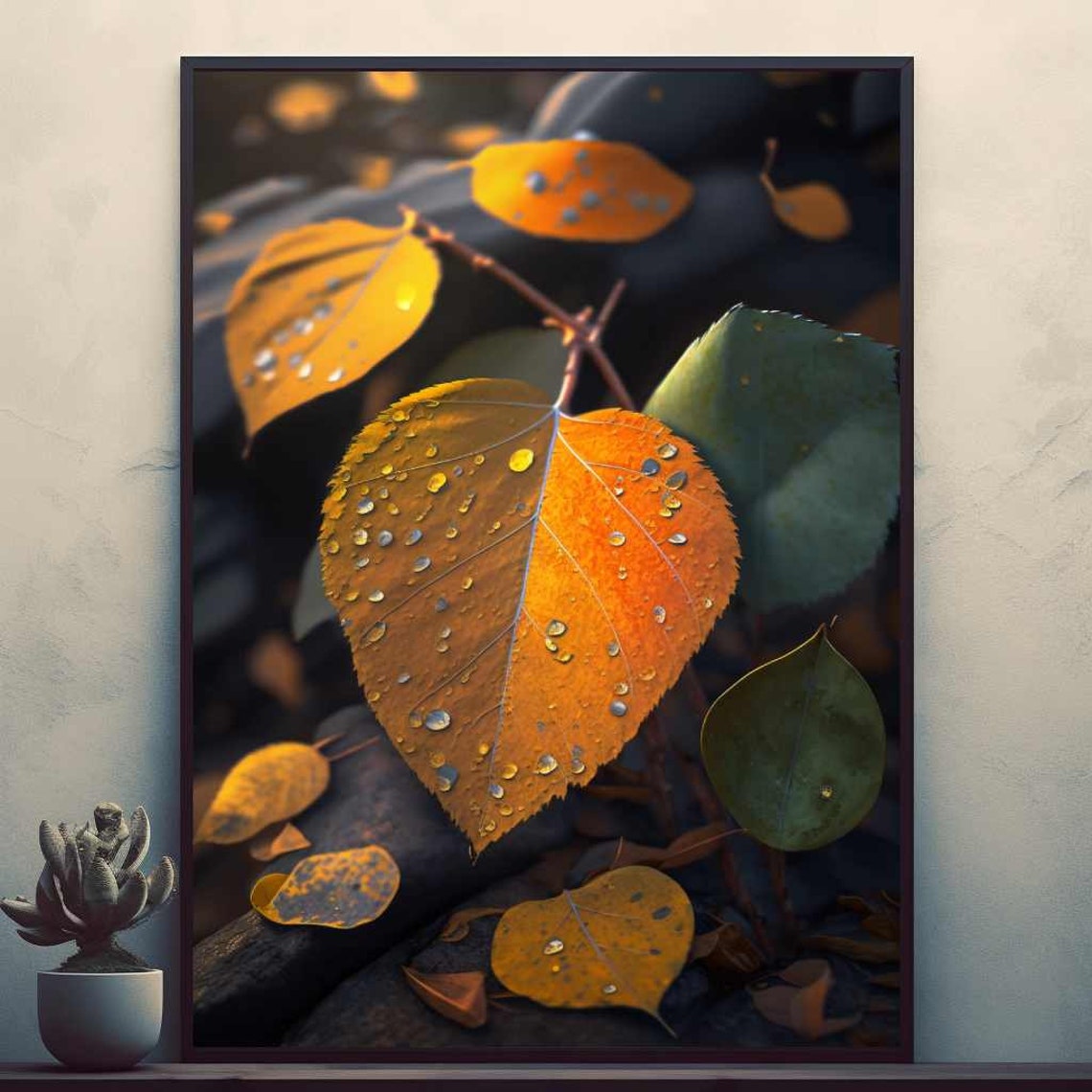 Golden Autumn Leaves with Morning Dew Drops Macro Art Poster