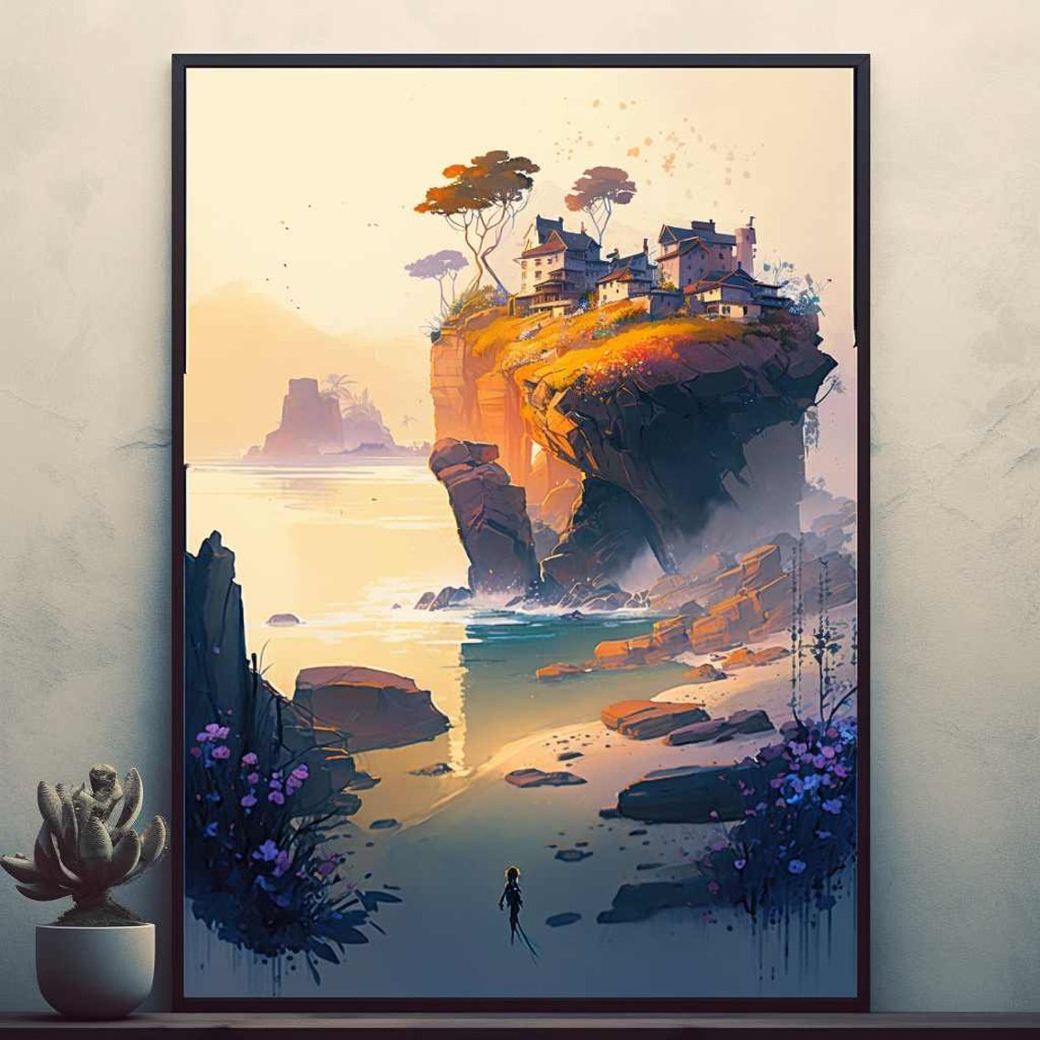Cliffside Village at Sunset Fantasy Coast Illustration Poster