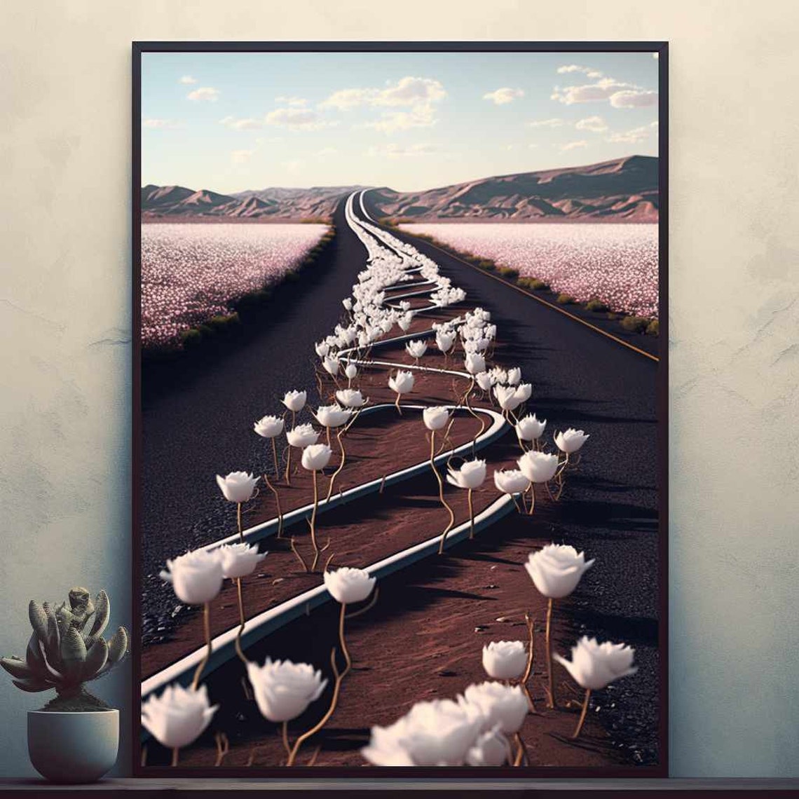 White Roses Blooming On Desert Highway Surreal Floral Art Poster
