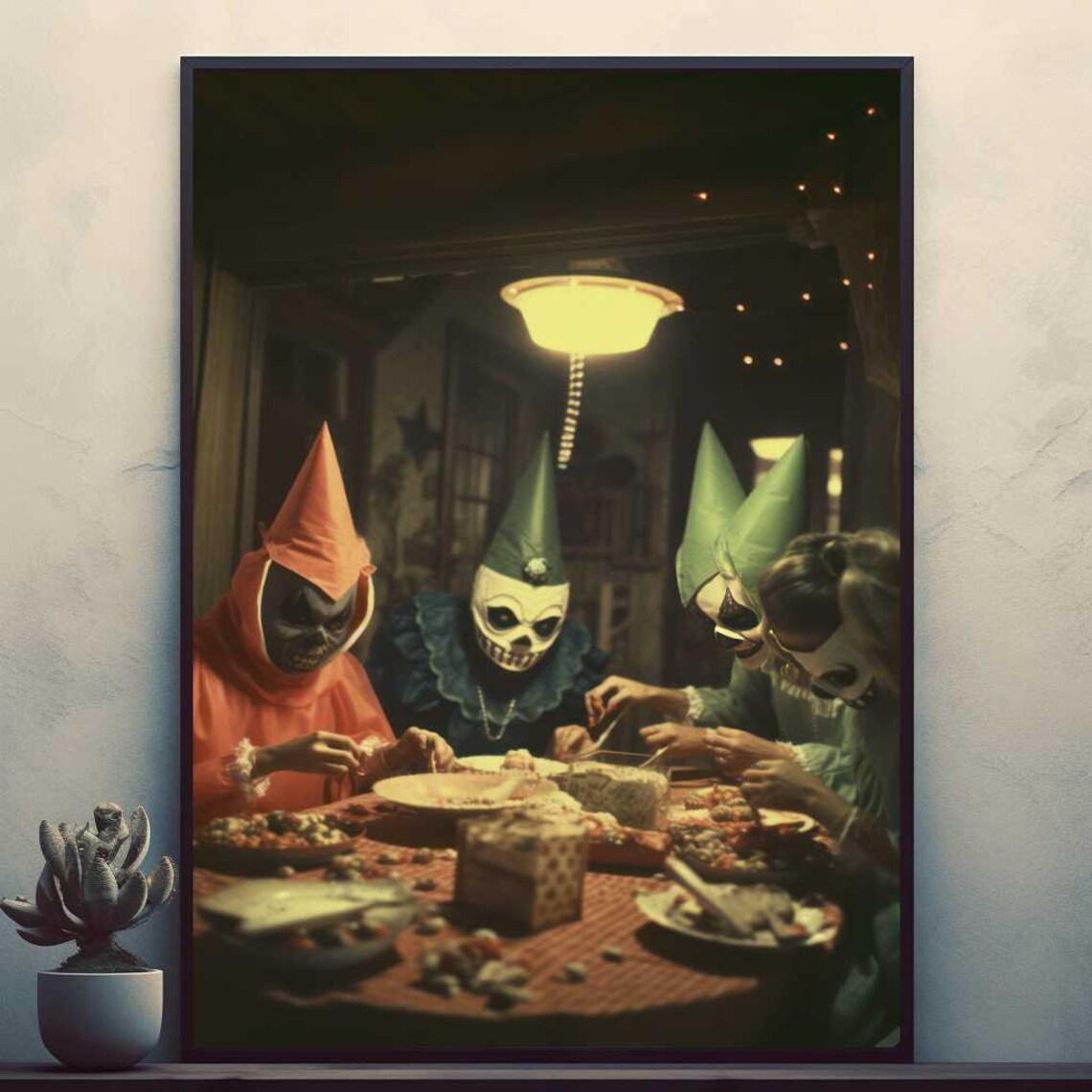 Spooky Halloween Dinner Party with Costumed Ghosts Poster for Home Decor