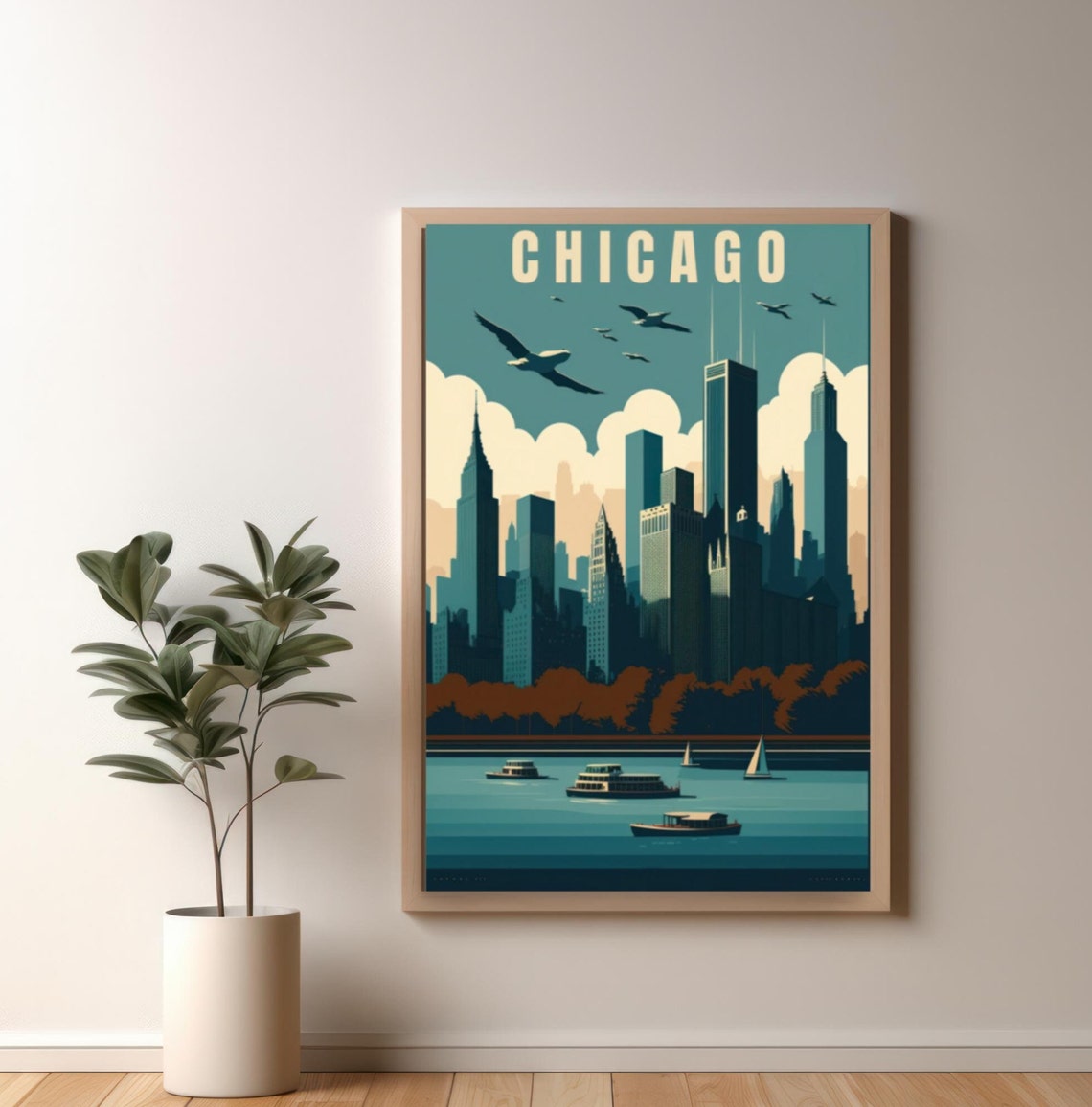 Chicago Skyline Retro Travel Poster with Seagulls over Lake Michigan