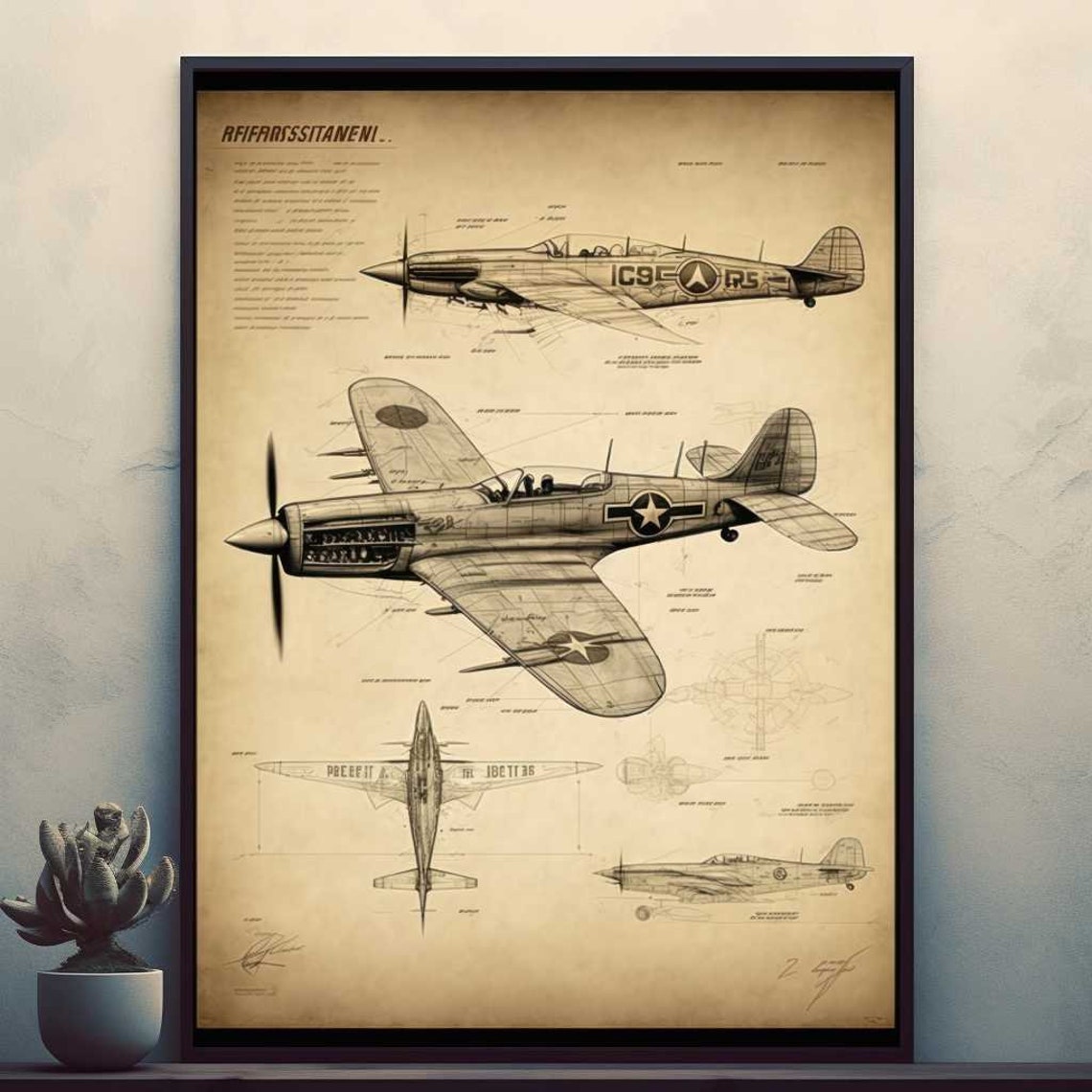 Vintage Fighter Plane Technical Drawing Aviation Schematics Poster