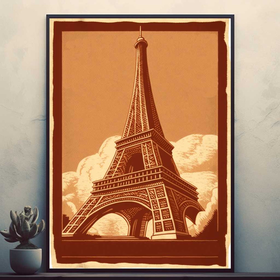 Sepia Eiffel Tower Paris Woodcut Style Vintage Travel Poster