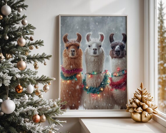Christmas Llamas Trio Festive Garlands Snow Holiday Animal Wall Art