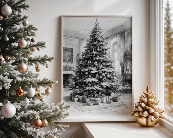 Vintage Christmas Tree Drawing Grand Holiday Room Sketch Style Print