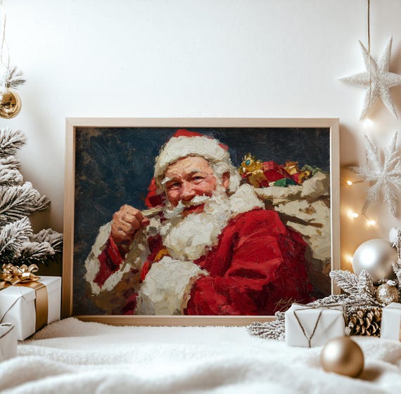 Vintage Santa Claus Oil Painting Christmas Wall Art Festive Holiday Decor Rustic Illustration 554