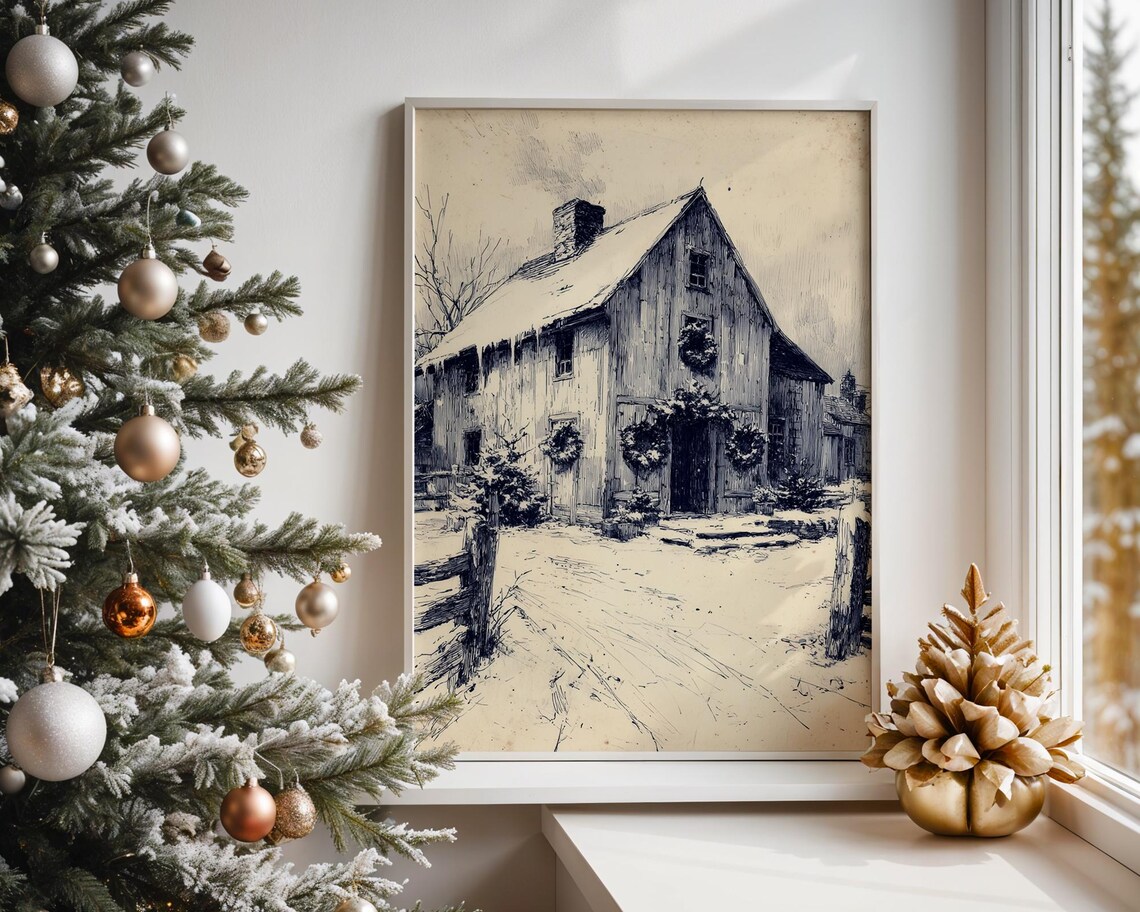 Snowy Farmhouse Barn With Wreaths Vintage Ink Sketch Holiday Poster