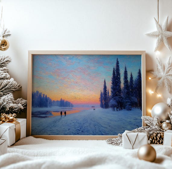 Winter Landscape Oil Painting Of Frozen Lake Sunset Over Icy Water Rustic Pine Trees Wall Art Vintage Decor 530