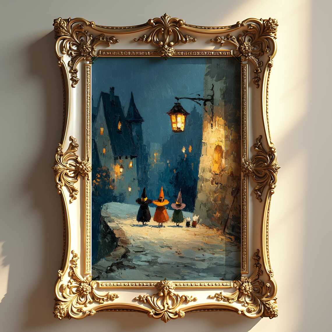 Halloween Witchs Familiar Parade Art Vintage Night Scene Cozy Autumn Decor Spooky Wall Rustic Print 323