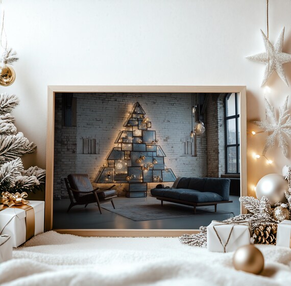 Geometric Glass Christmas Tree in Brick Loft Industrial Poster