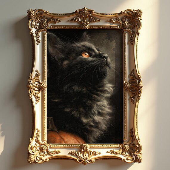 Halloween Black Cat Art Moody Autumn Decor Rustic Vintage Painting Candlelit Twilight Scene Print 202