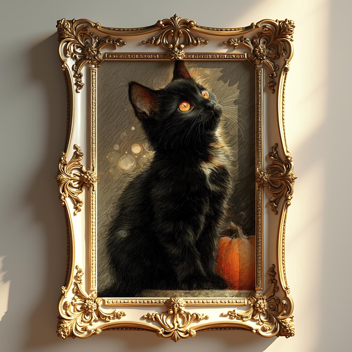 Black Kitten Halloween Portrait Pumpkin Vintage Oil Painting Wall Art