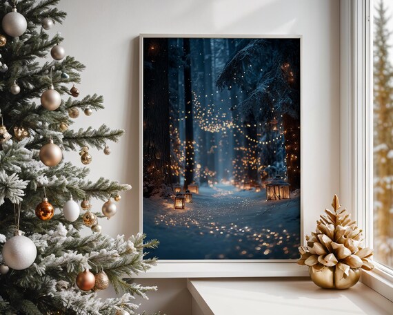 Magical Winter Forest Night Lanterns Twinkling Lights Scene Poster