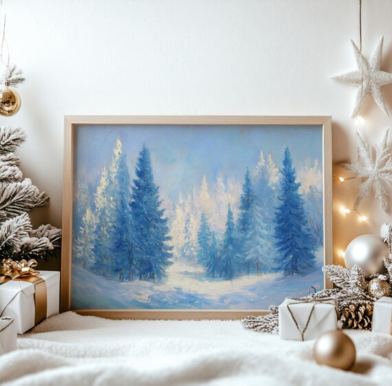 Rustic Christmas Pine Forest Snowy Blue Winter Scene Painting Poster