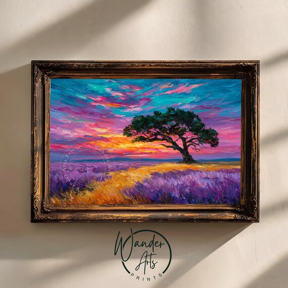 Rustic Moody Sunset Landscape Vibrant Oak Tree Impressionist Style Art Dramatic Sky Field Of Purple Wildflowers Instant 930
