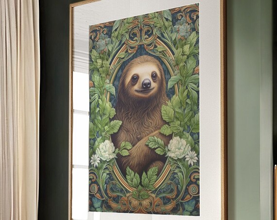 William Morris Style Sloth Portrait Leafy Botanical Wall Art