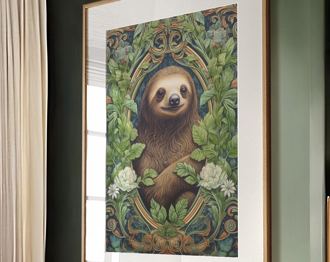 William Morris Style Sloth Portrait Leafy Botanical Wall Art