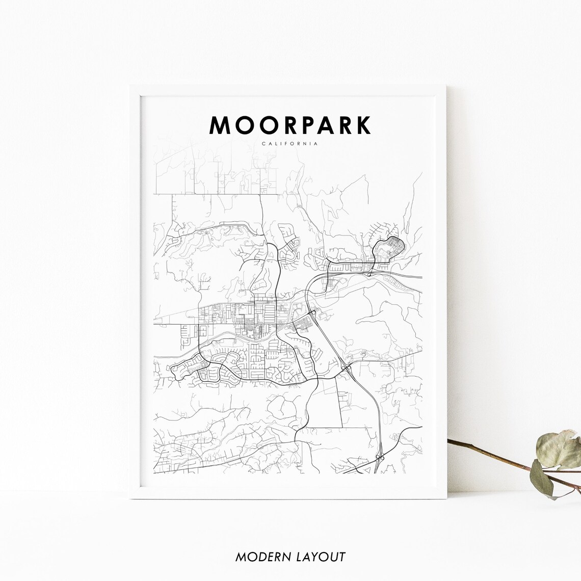 Moorpark California Monochrome Minimalist Street City Map Poster