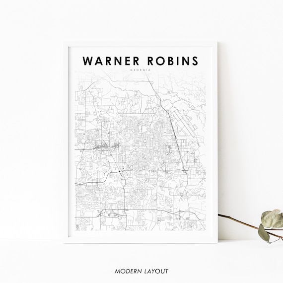 Warner Robins Georgia City Street Map Black White Modern Poster
