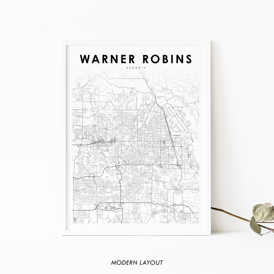 Warner Robins Georgia City Street Map Black White Modern Poster