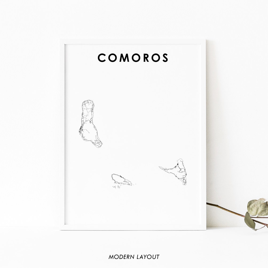 Comoros Islands Road Network Map Minimalist Modern Layout Wall Art