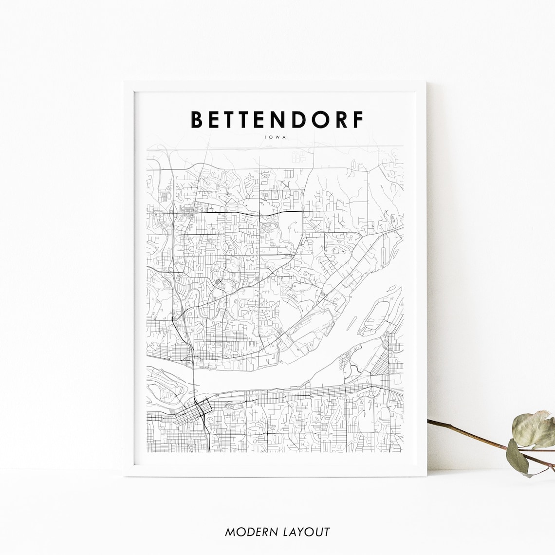 Bettendorf Iowa City Street Map Minimalist Black Line Art Poster