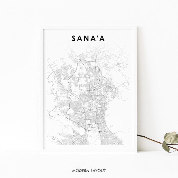 Sanaa Yemen Minimalist Black and White City Street Map Wall Art