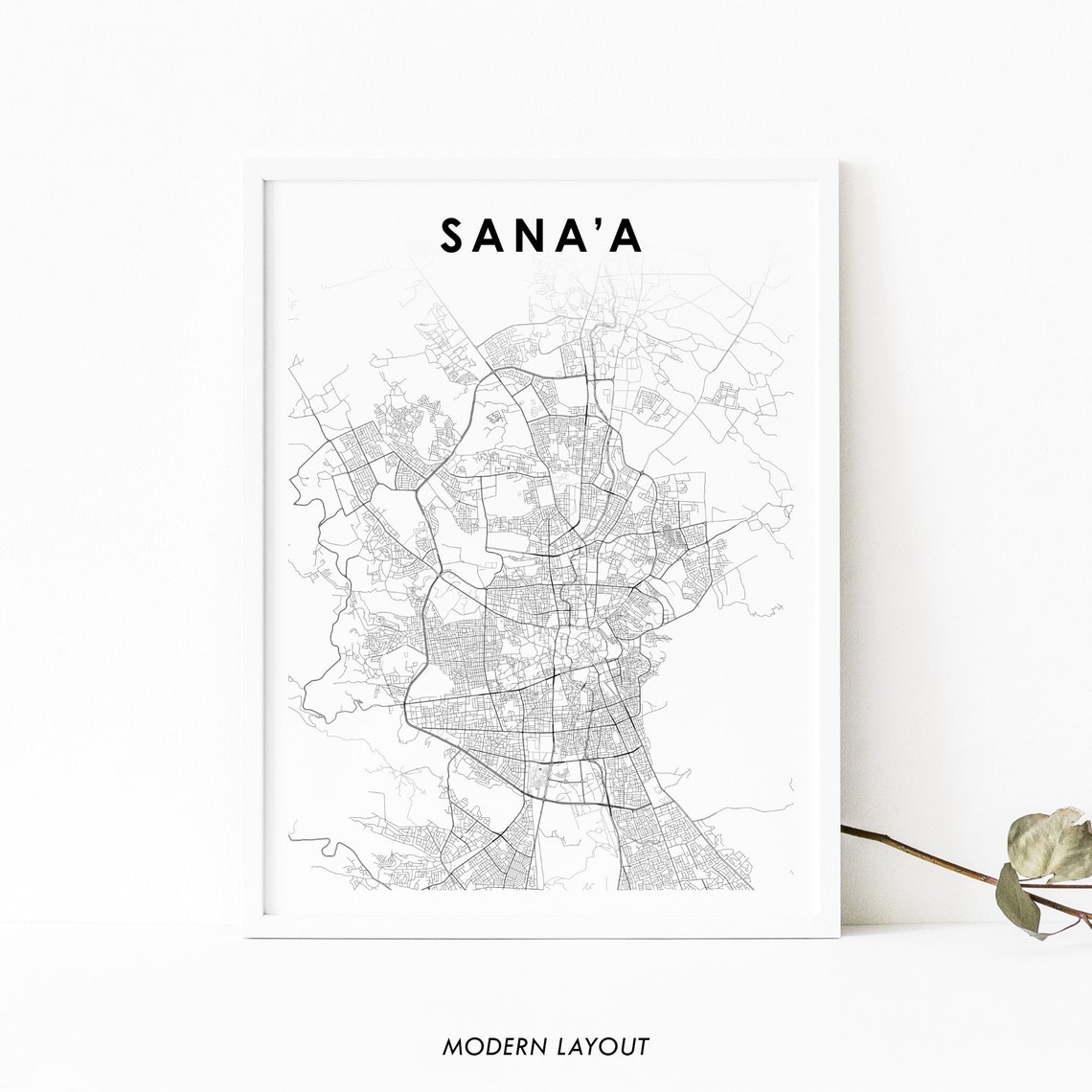 Sanaa Yemen Minimalist Black and White City Street Map Wall Art