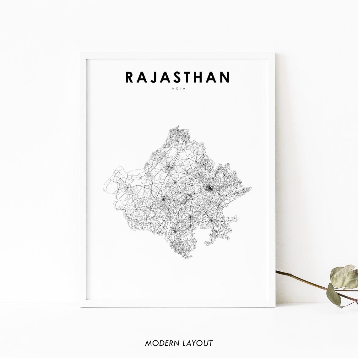 Rajasthan India Minimalist Road Map Line Art Print Modern Black Decor