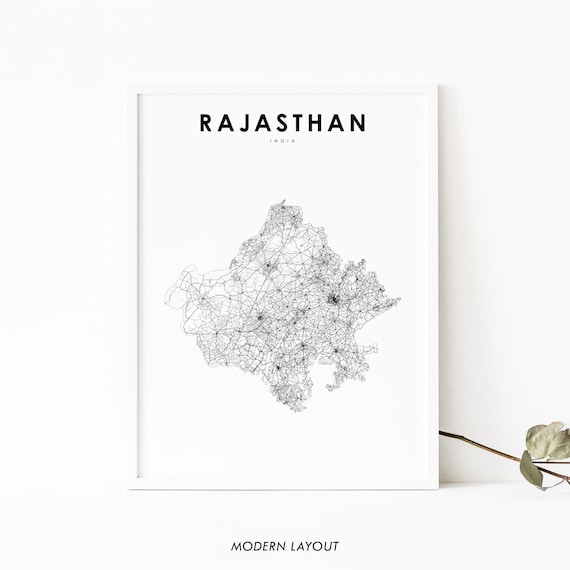 Rajasthan India Minimalist Road Map Line Art Print Modern Black Decor