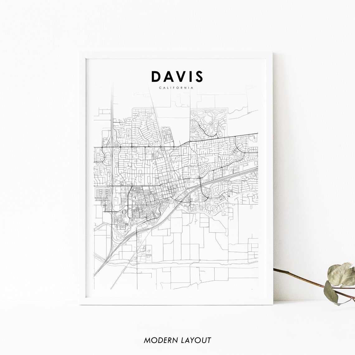 Davis California Minimalist City Street Map Black White Line Poster