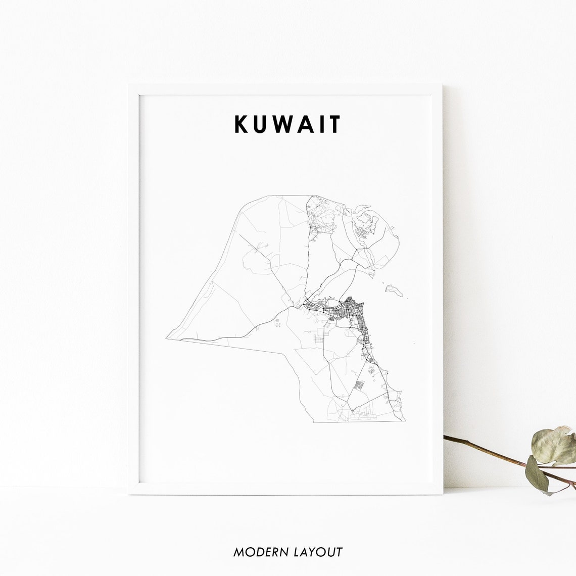 Kuwait Country Road Map Black and White Minimalist Modern Poster