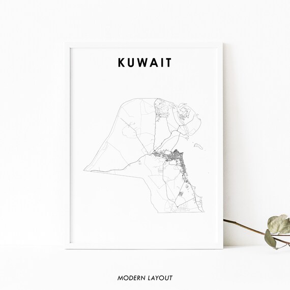Kuwait Country Road Map Black and White Minimalist Modern Poster