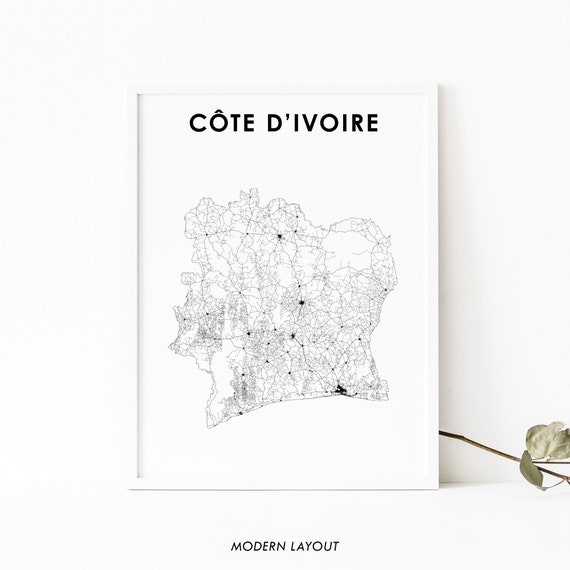 Ivory Coast Cte D'Ivoire Map Art Print, Road Poster