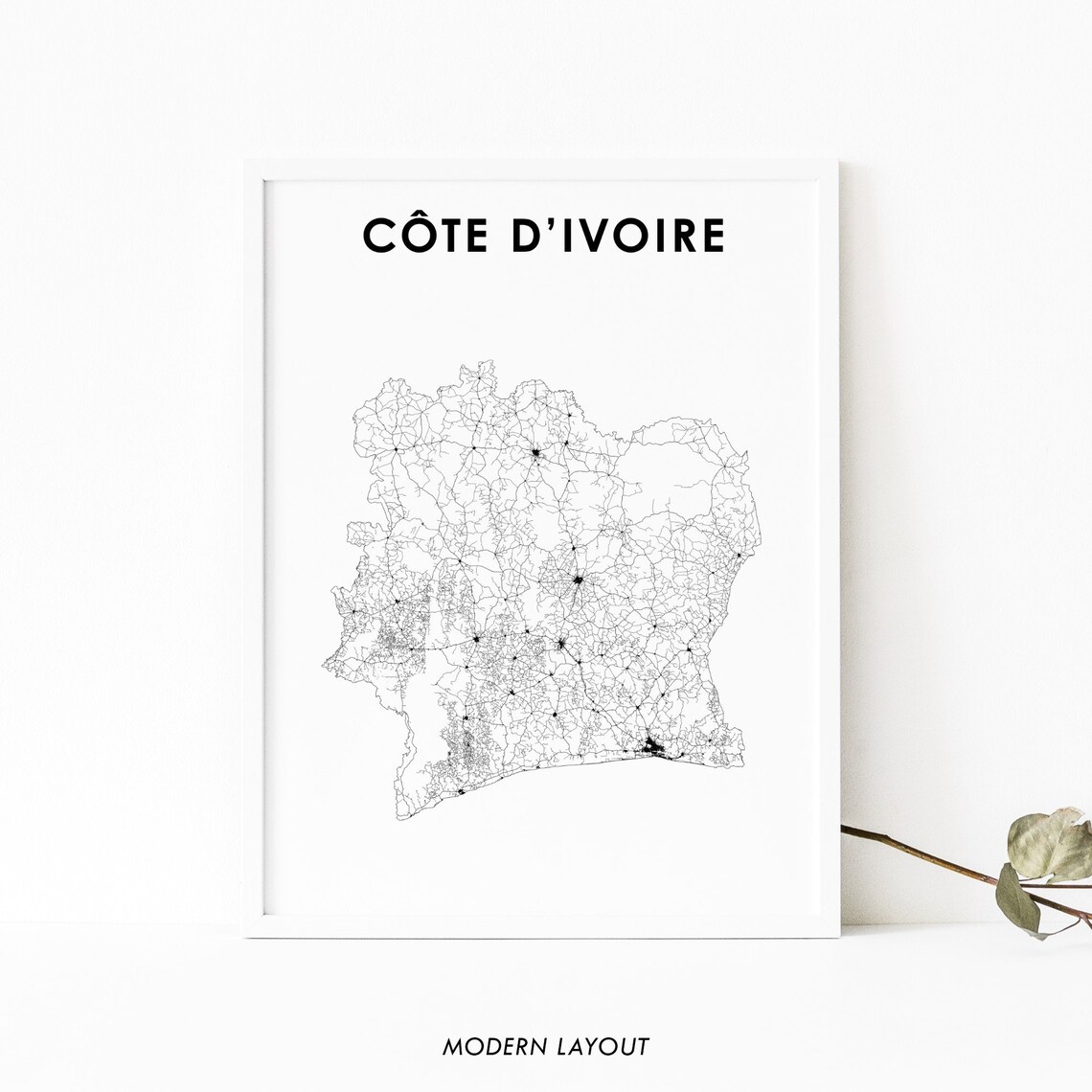 Ivory Coast Cte D'Ivoire Map Art Print, Road Poster
