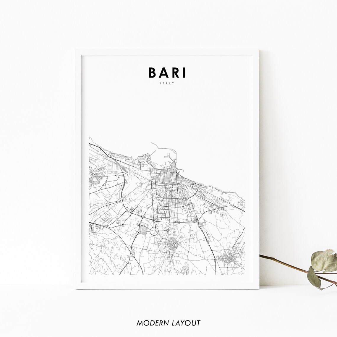 Bari Italy Minimal City Street Map Coastline Art Travel Poster