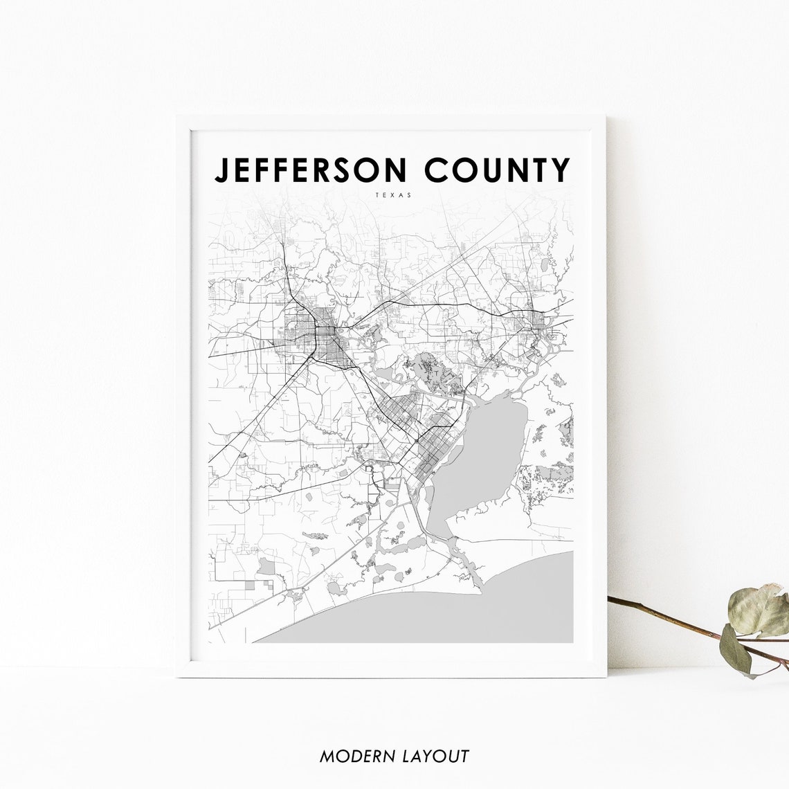 Jefferson County Texas Monochrome Minimalist Street Map Poster