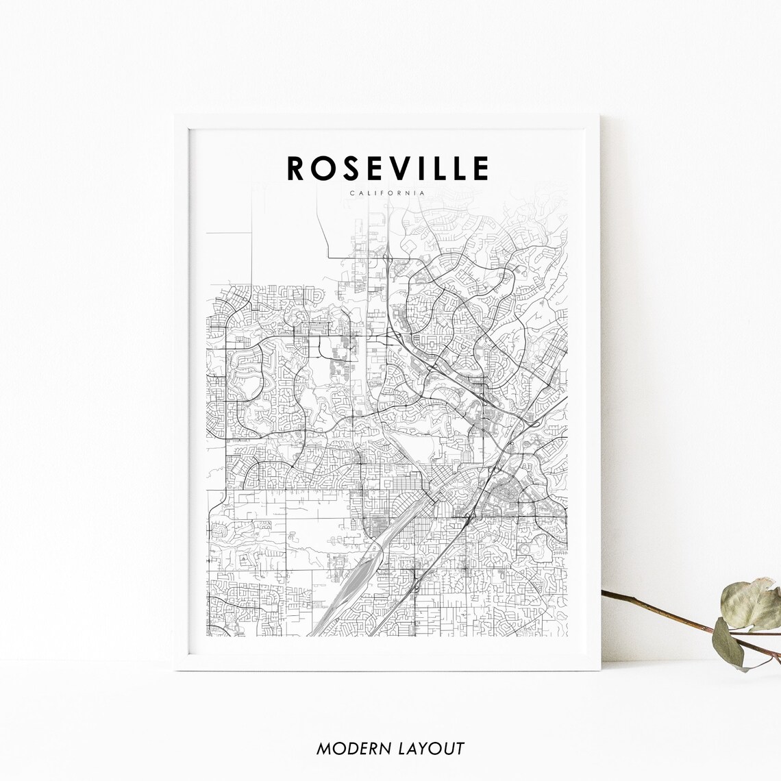 Roseville California Minimalist Street Map Poster Modern Black and White