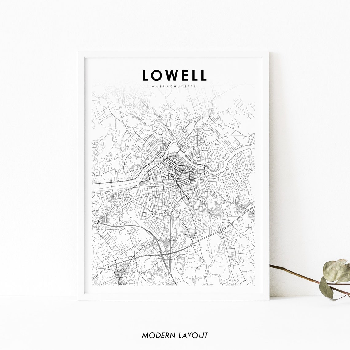 Lowell Massachusetts Minimal Street Map Line Art Travel Poster