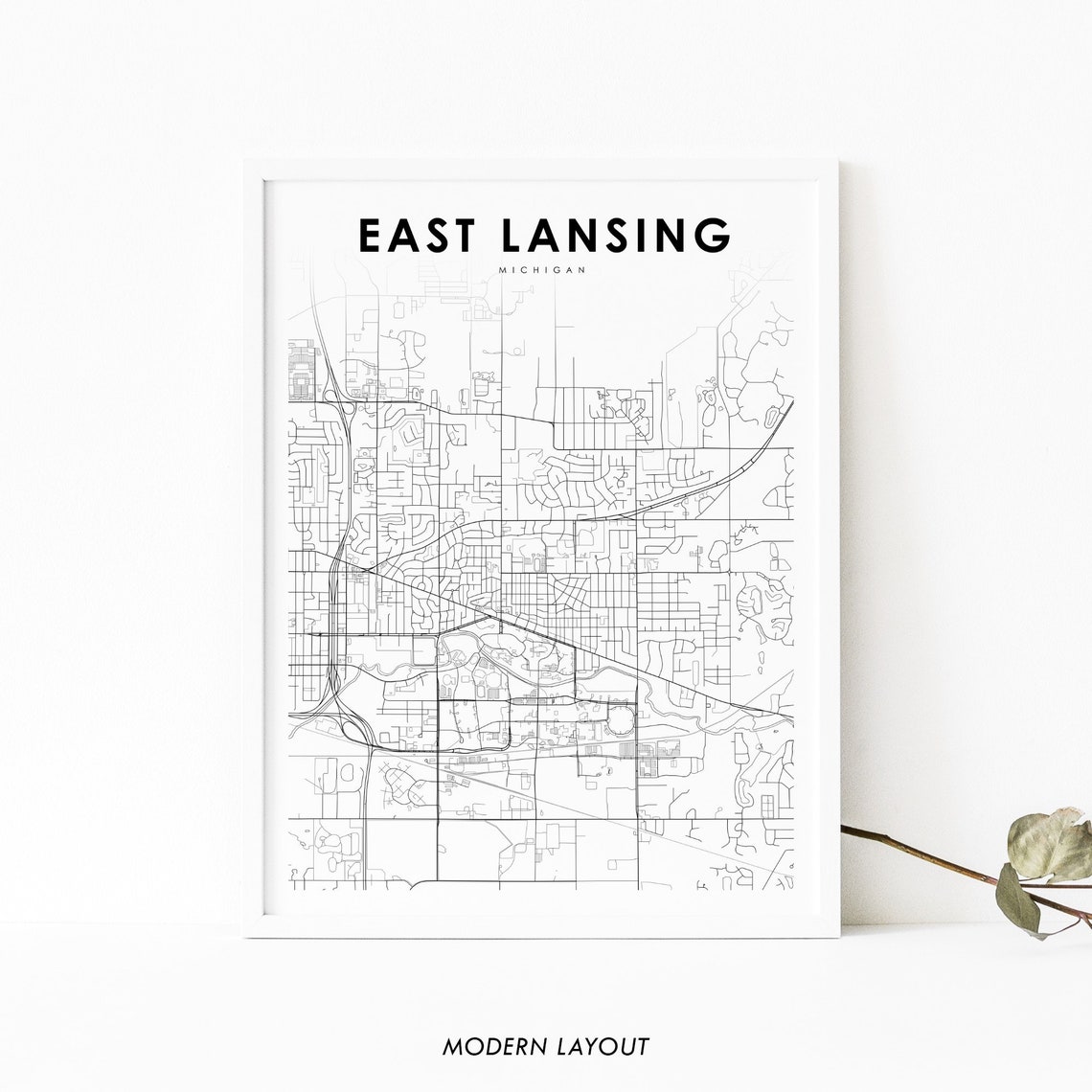 East Lansing Michigan Minimalist Black White City Map Art Poster