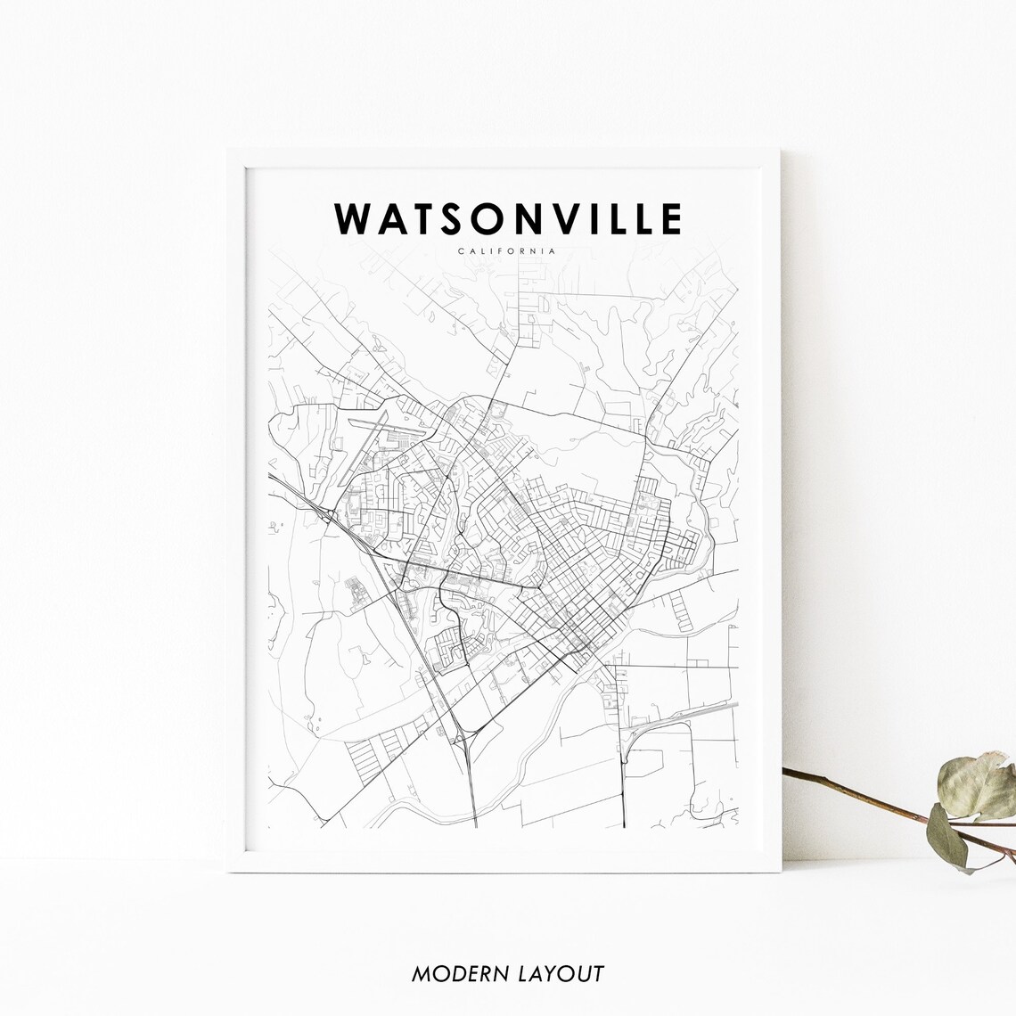 Watsonville California Black And White Street City Map Poster