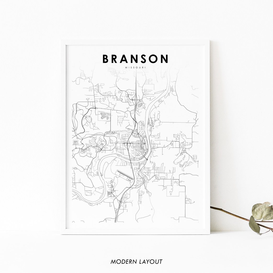 Branson Missouri Monochrome Minimalist City Street Map Poster