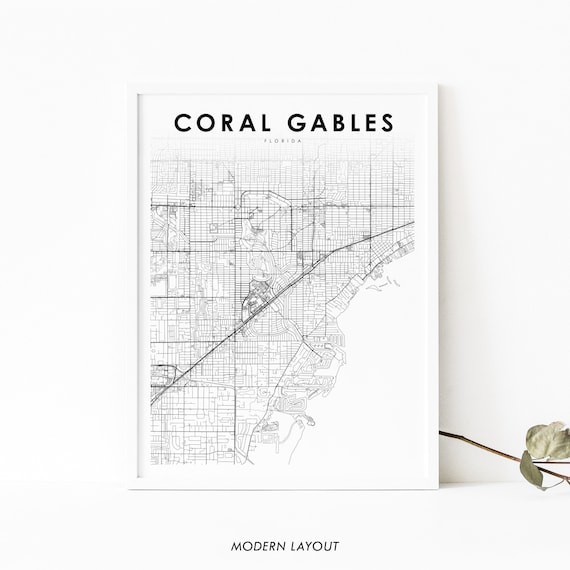 Coral Gables Fl Map Print Florida Usa Art Poster Miamidade City Street Road Nursery Room Wall Office Decor