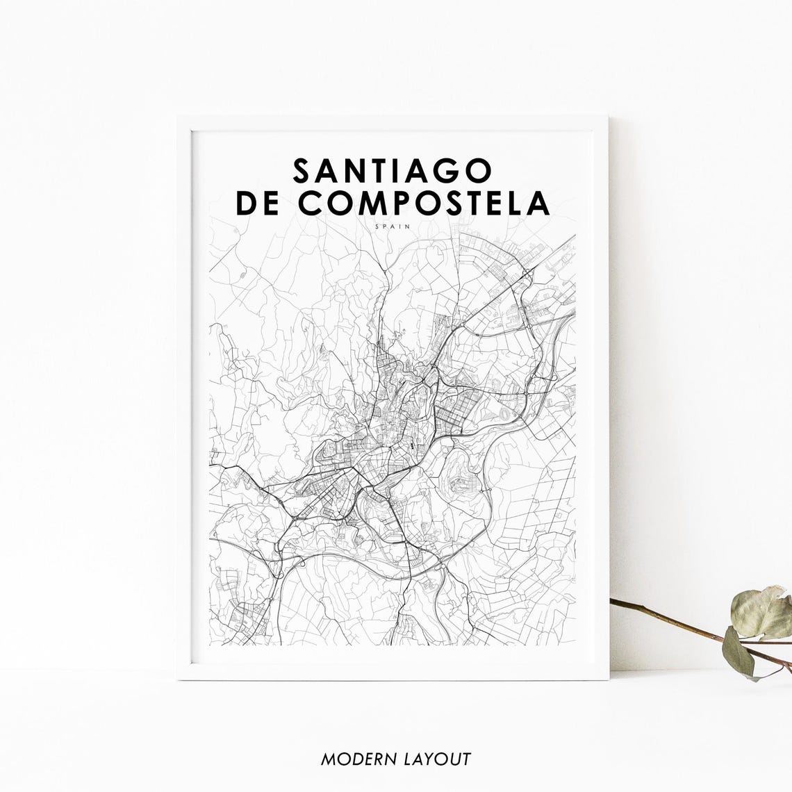 Santiago De Compostela Spain Modern Minimalist City Map Wall Art