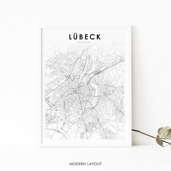Lubeck Germany Modern Black and White Minimalist City Map Poster